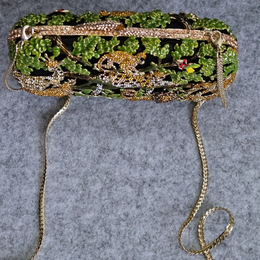 LUX MOB Crystal Enamel Jungle Safari Animal Evening Clutch Bag Lion Leopard Box